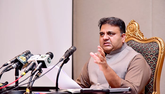 Information Minister Fawad Chaudhry addresses a press conference in Islamabad on September 28, 2021. — PID