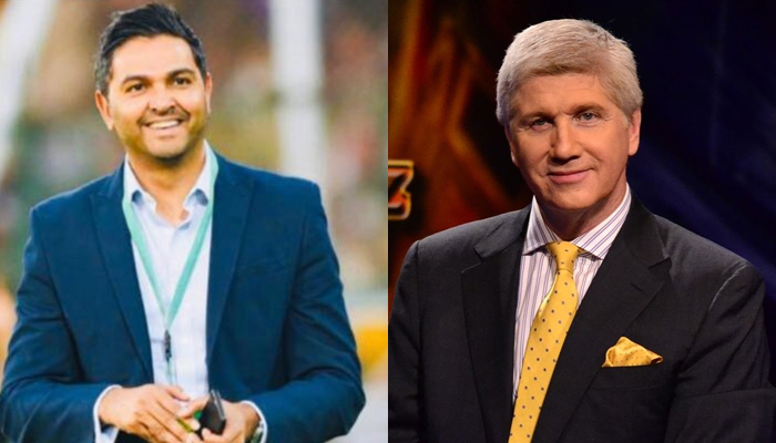 Former Pakistan Cricket Board (PCB) chief executive Wasim Khan (L) and English commentator Alan Wilkins.