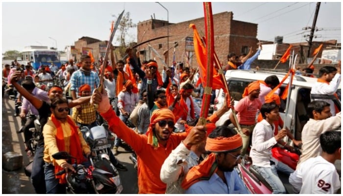 Hindu Yuva Vahini vigilante members take part in a rally in the Indian city of Unnao on April 5, 2017. Photo: Cathal McNaughton/ REUTERS.