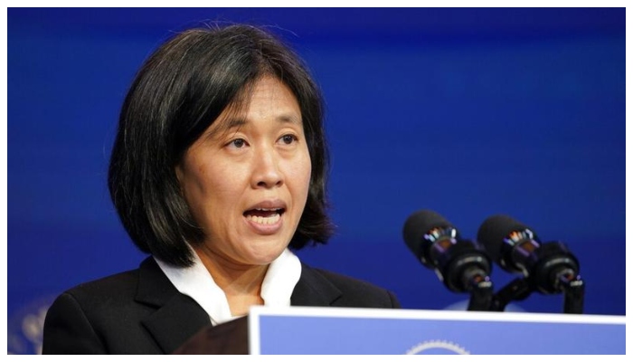 Katherine Tai, the Biden administrations choice to take over as the US trade representative, speaks during an event at The Queen Theater in Wilmington. Photo: AFP