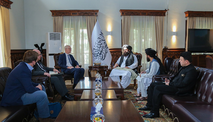 Minister of Foreign Affairs Amir Khan Muttaqi (right centre) meets Simon Gass, UK Prime Minister Boris Johnsons high representative for Afghanistan, (left centre) in Kabul, on October 5, 2021. — Twitter/QaharBalkhi