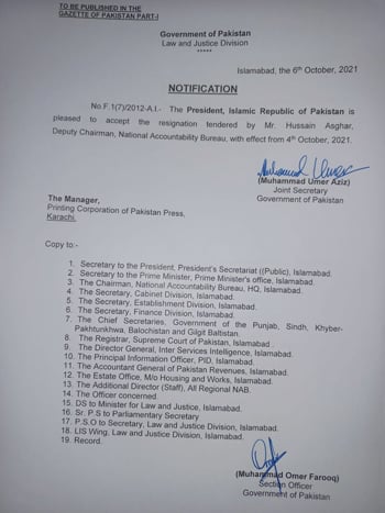 President Alvi accepts resignation of NAB deputy chairman