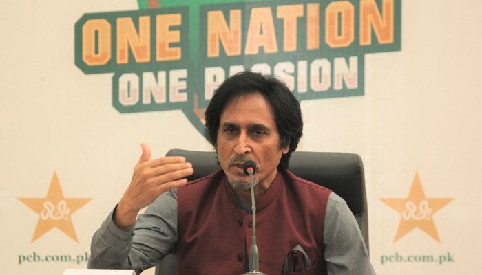 Pakistan Cricket Board (PCB) Chairman Ramiz Raja addressing his first press conference as PCB chairman. Photo: File