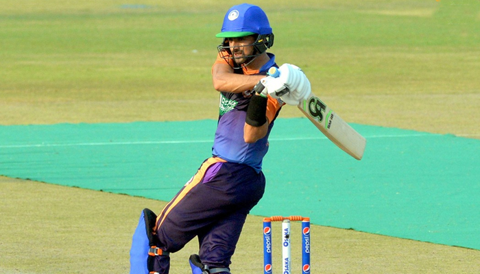 Pakistan’s experienced all-rounder Shoaib Malik hits a shot during a match against Southern Punjab in Lahore, on October 7, 2021. — Twitter/TheRealPCB