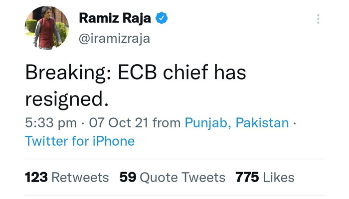 The deleted tweet of Pakistan Cricket Board (PCB) Chairman Ramiz Raja. — Twitter