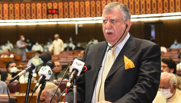 In this handout picture released by National Assembly on June 11, 2021, Finance Minister Shaukat Tareen presents the annual fiscal budget at the National Assembly in Islamabad. — AFP/File