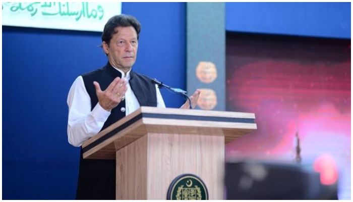 Prime Minister Imran Khan speaking during the Rehmatul-lil-Alameen Conference in Islamabad on October 10, 2021. Photo: Instagram/ Imrankhan.pti.