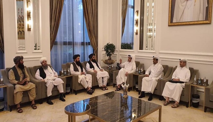 Taliban delegates meet with Qatar delegates in Doha, Qatar, in this handout photo uploaded to social media on October 9, 2021. Picture uploaded on on October 9, 2021. Social media handout/via REUTERS