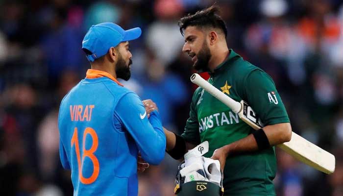 Pakistans Imad Wasim shakes hands with Indian skipper Virat Kohli. Photo: File