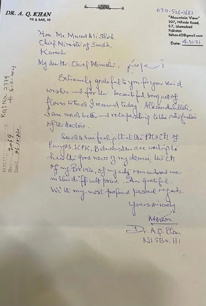 A picture of the letter nuclear scientist Dr Abdul Qadeer Khan sent to Sindh CM Murad Ali Shah. Photo: Geo Urdu