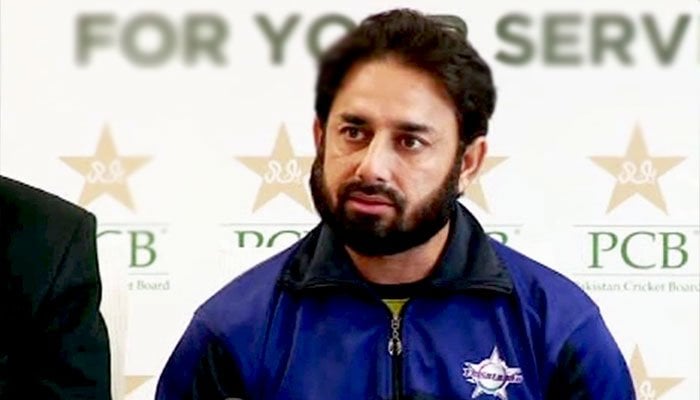 Former Pakistani spinner Saeed Ajmal speaking during a press conference. Photo: PCB.