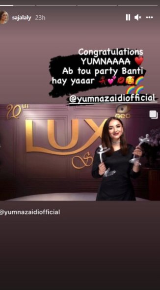 Sajal Aly writes loving note to Yumna Zaidi after bagging 2 Lux Style Awards