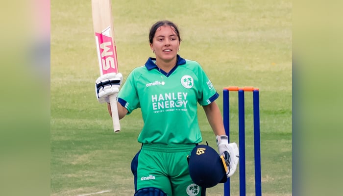 Irelands Amy Hunter gestures after scoring a century. — Twitter/IrishWomensCric