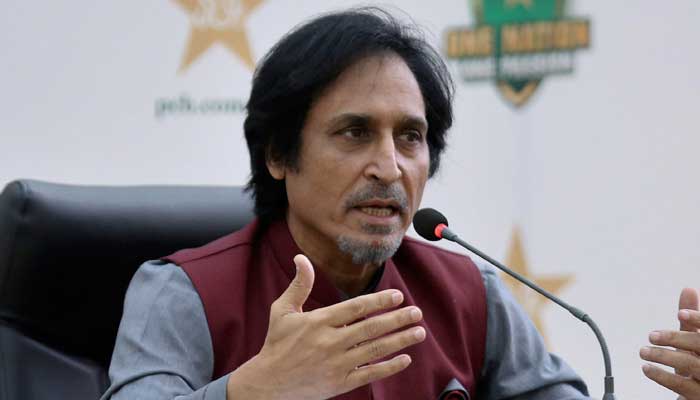 PCB Chairman Ramiz Raja speaks to the press. Photo: File