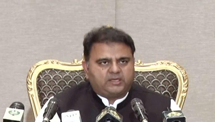 Minister for Information and Broadcasting Fawad Chaudhry addressing a press conference in Islamabad on October 12, 2021, after a federal cabinet meeting. — YouTube/HumNewsLive