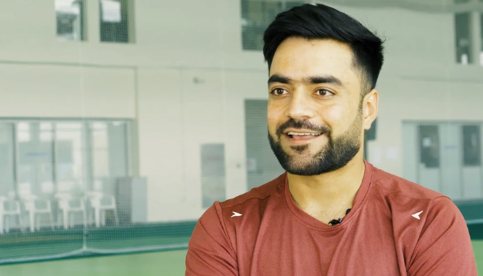 Afghanistans star spinner Rashid Khan speaks to ICCs in-house media. — ICC