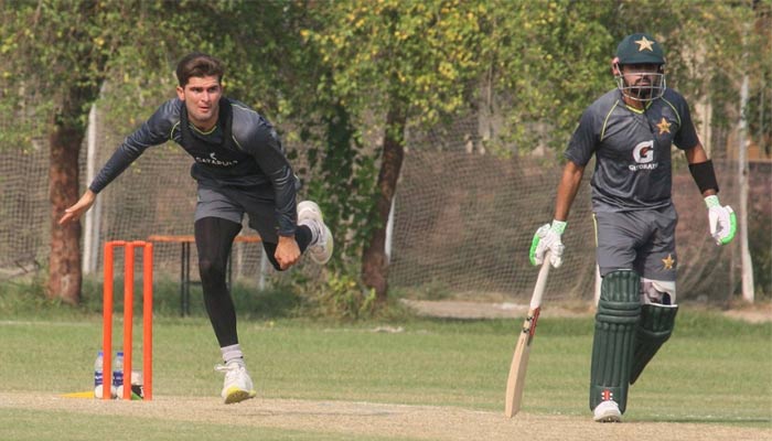 Shaheen Shah Afridi (left) and Babar Azam playing during the scenario match held on October 12. — PCB