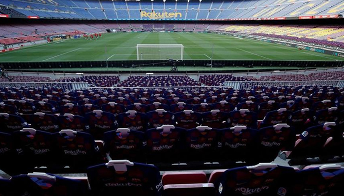 Soccer Football - La Liga Santander - FC Barcelona v Atletico Madrid - Camp Nou, Barcelona, Spain - June 30, 2020 General view inside the stadium before the match team jerseys were placed in the stands, as play resumes behind closed doors following the outbreak of the coronavirus disease (COVID-19). — Reuters/File