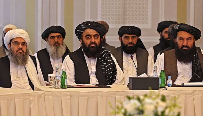 Members of the Taliban delegation during a meeting with foreign diplomats in Doha, on October 12. — AFP/File