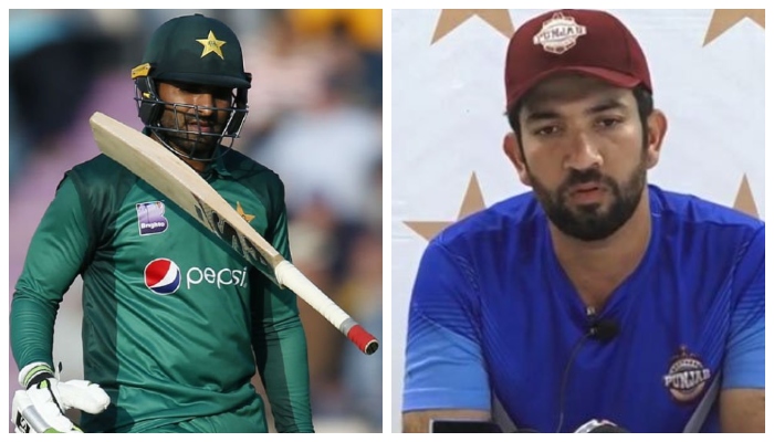 Pakistan batsman Asif Ali throws the bat in the air after getting dismissed (R) and Sohaib Maqsood during a press conference. Photo: File