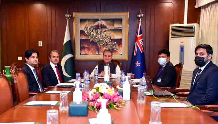 Foreign Minister Shah Mehmood Qureshitalks to his New Zealand counterpart Nanaia Mahuta via video link. Radio Pakistan