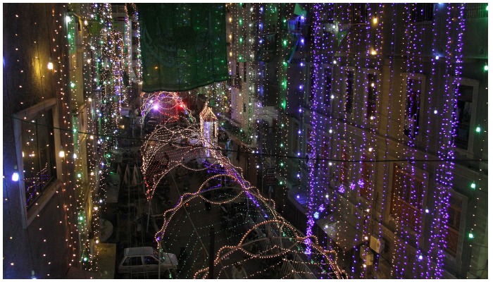 A beautiful illuminated view of street decorated with lights in connection with Eid Milad-un-Nabi in Karachi. Photo: PPI