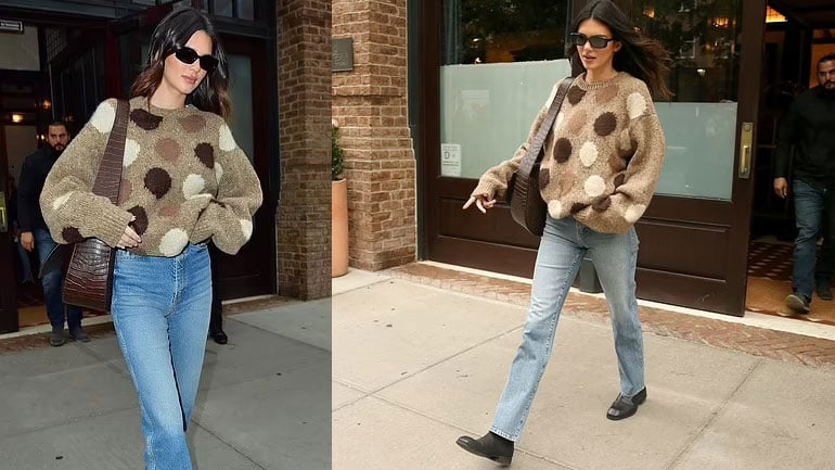 Kendall Jenner sets New Yorks streets on fire with her walk in polka dot sweater and jeans