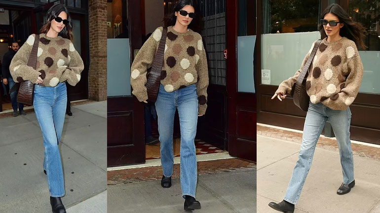 Kendall Jenner sets New Yorks streets on fire with her walk in polka dot sweater and jeans