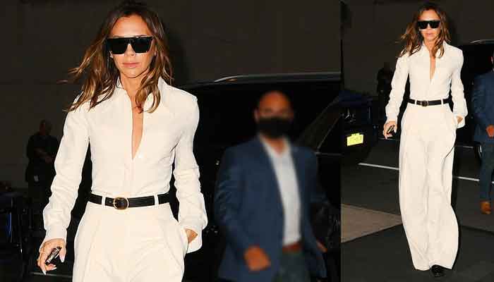 Victoria Beckham cuts a stylish figure in white wide-legged jumpsuit as she returns to NYC hotel