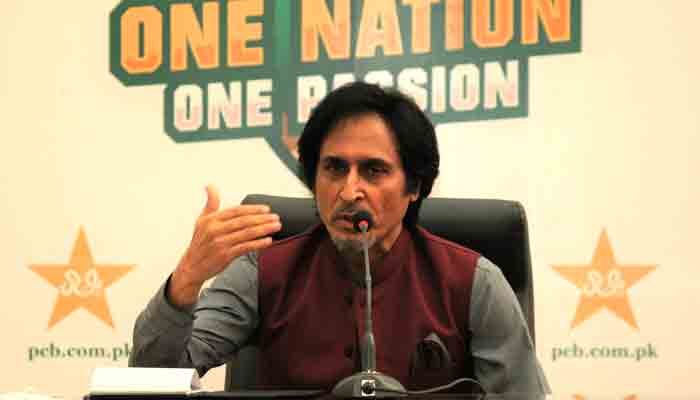 PCB Chairman Ramiz Raja addressing a press conference in Lahore. File photo