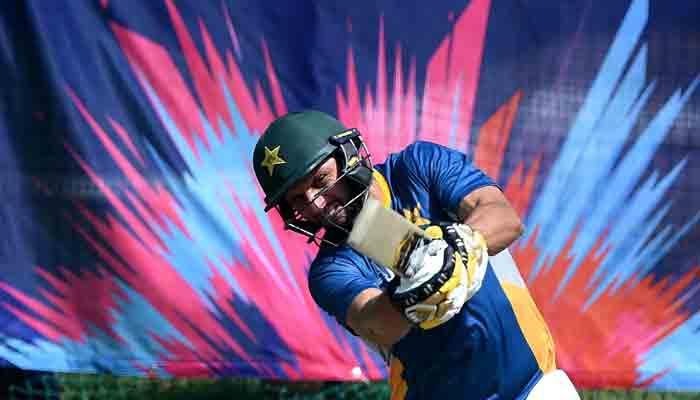 This file photo taken on March 24, 2016 Pakistan´s captain Shahid Afridi batting during a training session at the Punjab Cricket Stadium Association Stadium in Mohali on March 24, 2016, ahead of their World T20 Cricket tournament match against Australia.-AFP