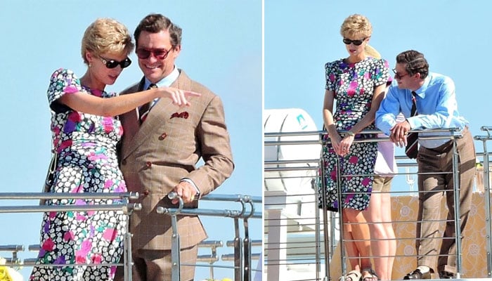 Elizabeth Debicki looking like a spitting image of Princess Diana as she can be seen with Dominic West’s Prince Charles