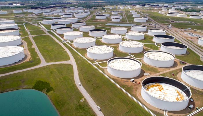 Crude oil storage tanks are seen in an aerial photograph at the Cushing oil hub in Cushing, Oklahoma, U.S. April 21, 2020. — REUTERS