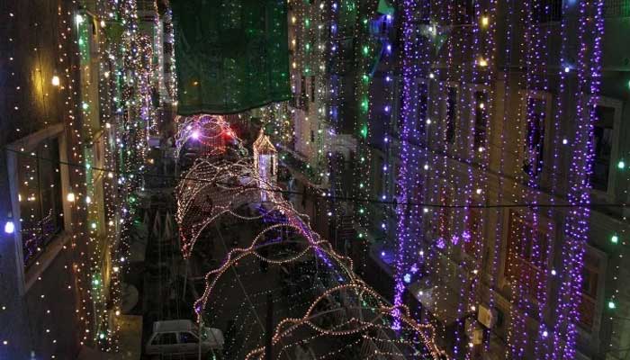 A beautiful view of a street decorated with lights in connection with Eid Milad-un-Nabi in Karachi. Photo: PPI