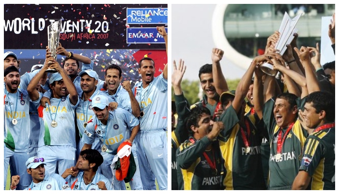 Indian captain Dhoni celebrates after winning 2007 T20 World Cup (L) and Younis Khan celebrating with team Pakistan after winning the 2009 T20 World Cup (R). Photo: File