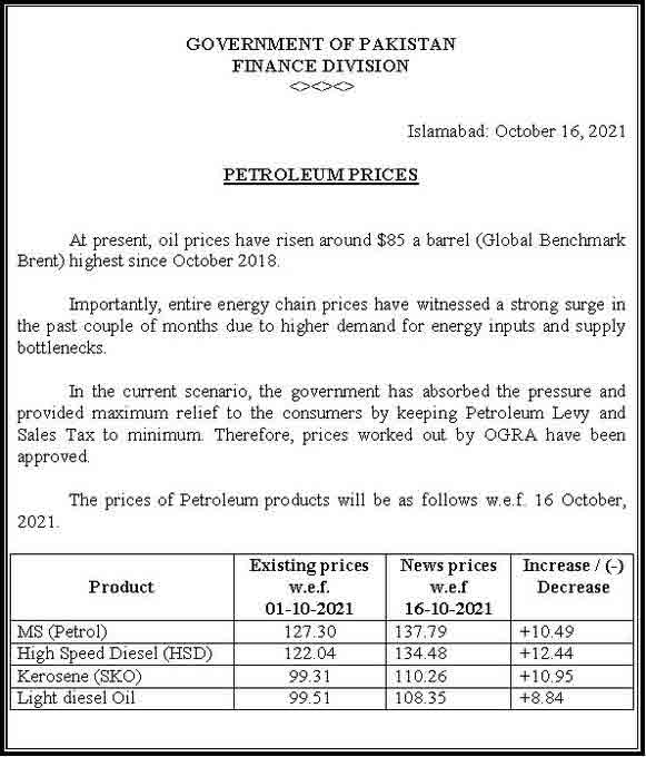 The notification issued by the Ministry of Finance announcing the increase in POL prices.