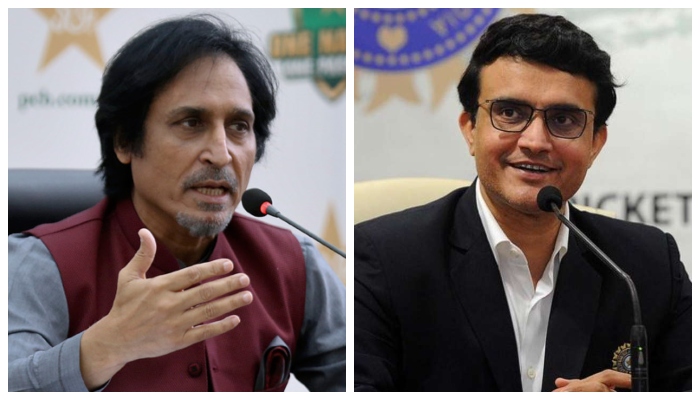 PCB Chairman Ramiz Raja speaks at a press conference (L) while BCCI President Saurav Ganguly does the same. Photo: File