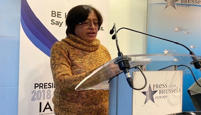 Well-known researcher, poet, playwright and author Attiya Dawood giving her speech at the event in Brussels. Photo: Courtesy our correspondent