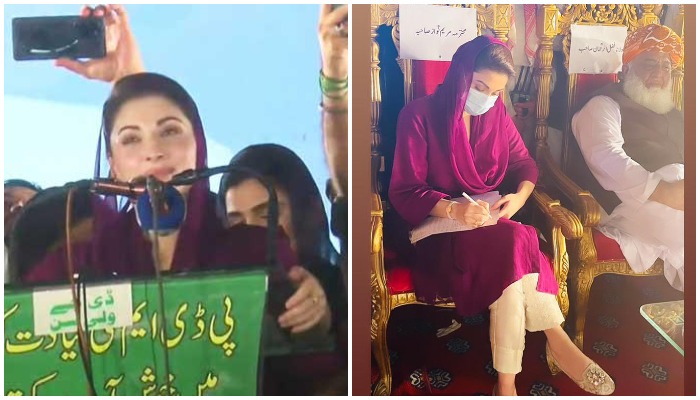 PML-N Vice President Maryam Nawaz at a PDM rally in Faisalabad. Photo — YouTube/HumNewsLive/Twitter/@ImdadHusainlion