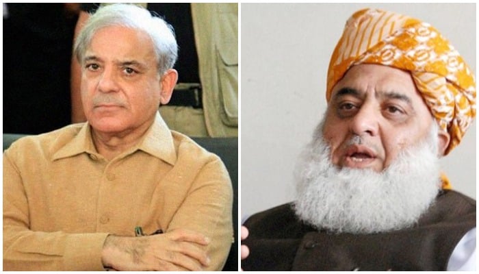 PML-N President and Leader of the Opposition in the National Assembly Shahbaz Sharif (L) and JUI-F ChiefMaulana Fazlur Rehman held a telephonic conversation on Sunday to talk about the growing inflation in the country. Photos: APP