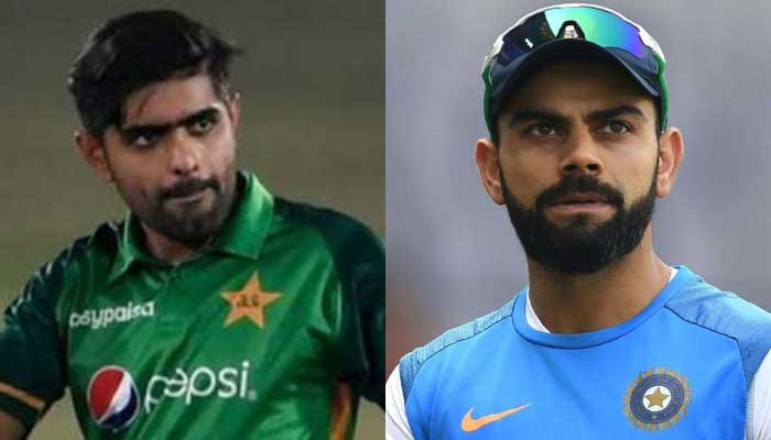 Pakistan skipper Babar Azam raises his bat after scoring a century (L) and Indian skipper Virat Kohli during a training session. Photo: AFP