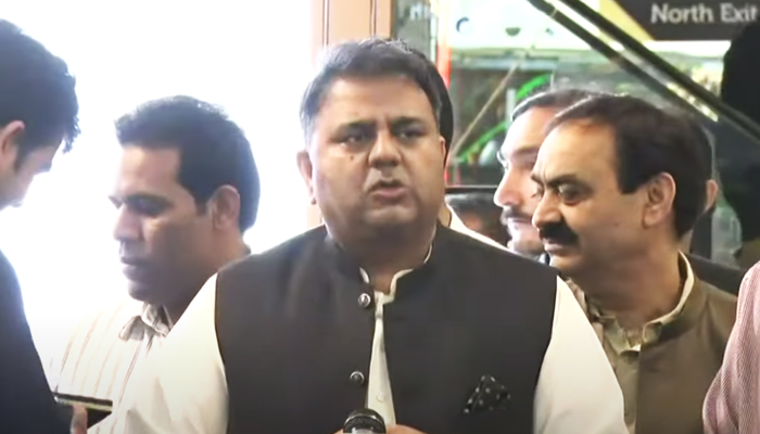 Federal Minister for Information Fawad Chaudhry speaks to reporters in Islamabad on October 18, 2021. — YouTube/HumNewsLive