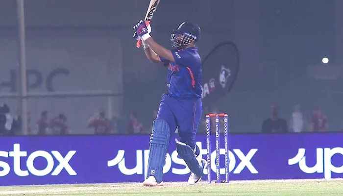 Rishabh Pant hits a shot during Indias warm-up match against England during T20 World Cup at Dubai on October 18, 2021. — Twitter
