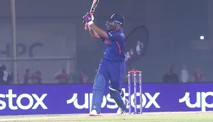 Rishabh Pant hits a shot during Indiaswarm-up match against England duringT20 World Cup at Dubai on October 18, 2021. — Twitter