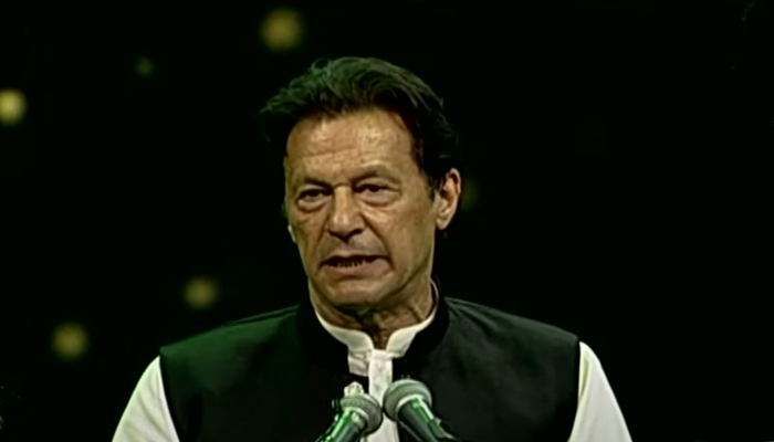Prime Minister Imran Khan addressing the Rehmatul-lil-Alameen conference in Islamabad on the occasion of Eid Milad un Nabi on October 19, 2021. — Screengrab via Hum News Live.