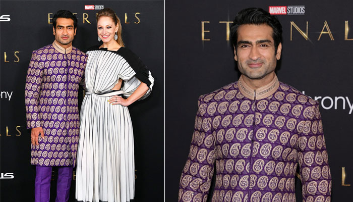 Kumail Nanjiani 43, stepped out in style, flaunting his desi heritage with a purple and gold sherwani