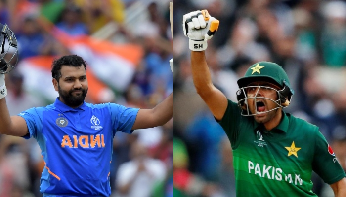 Indian batsman Rohit Sharma raises his bat after scoring a century (left) and Pakistan captain Babar Azam celebrates after scoring a hundred against New Zealand in the ICC Cricket World Cup 2019. Photo: AFP