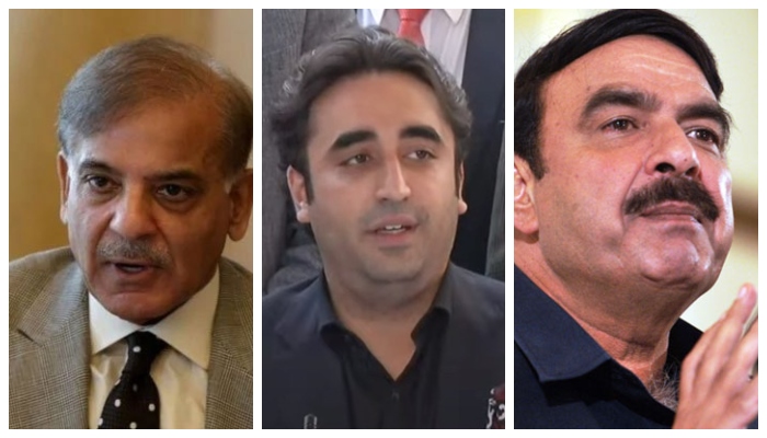 Image collage of PML-N President Shahbaz Sharif (L), PPP Chairman Bilawal Bhutto-Zardari (C) and Interior Minister Sheikh Rasheed Ahmed (R).— Twitter/ APP