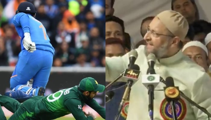 Shadab Khan dives for the ball as an Indian batsman looks on (L) and AIMIM chief Asaduddin Owaisi speaks at a Hyderabad rally. Photo: File