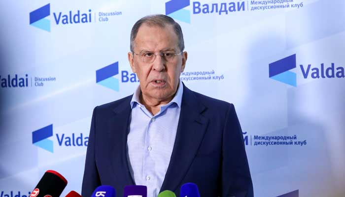 Russias Foreign Minister Sergei Lavrov speaks with journalists on the sidelines of a conference organised by the Valdai Discussion Club in Sochi, Russia October 19, 2021. — Russian Foreign Ministry/Handout via REUTERS